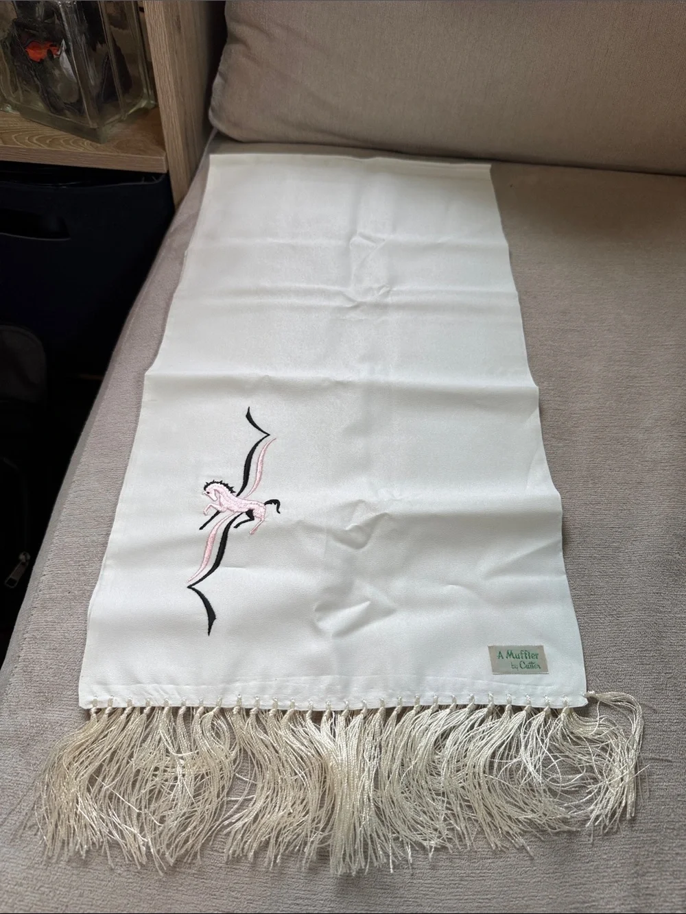 Vintage Cream Scarf with Pink and Black Embroidered Detail